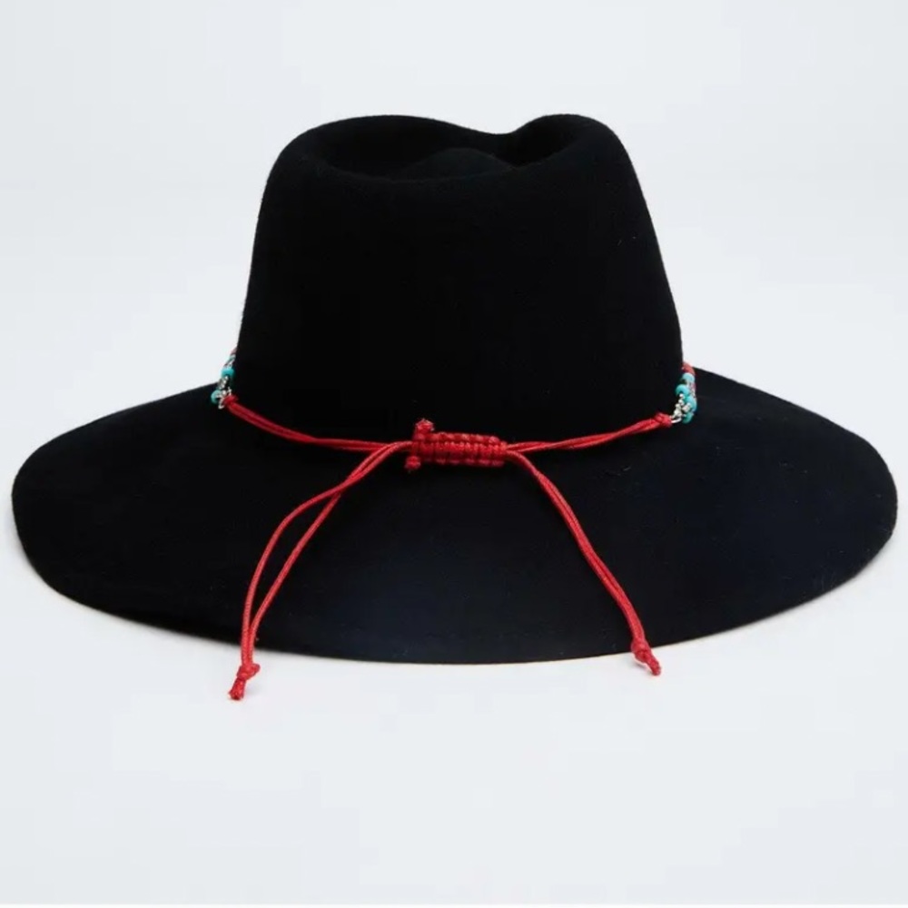 Nikki Beach x Free People Rio Black Bead Trimmed Rancher Western O/S Wool Hat - Picture 2 of 5